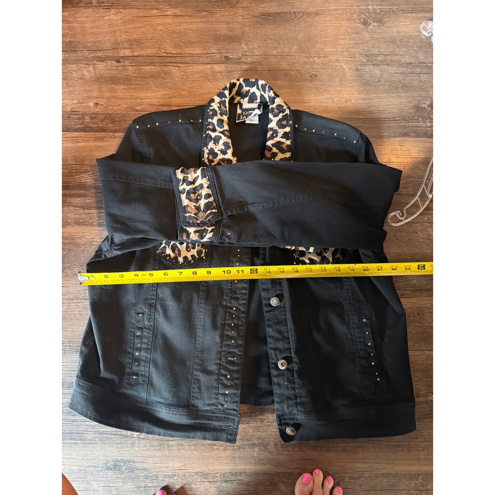 Janie New York Black Denim Jacket Leopard Print Studded Trucker Women Large - Picture 12 of 13